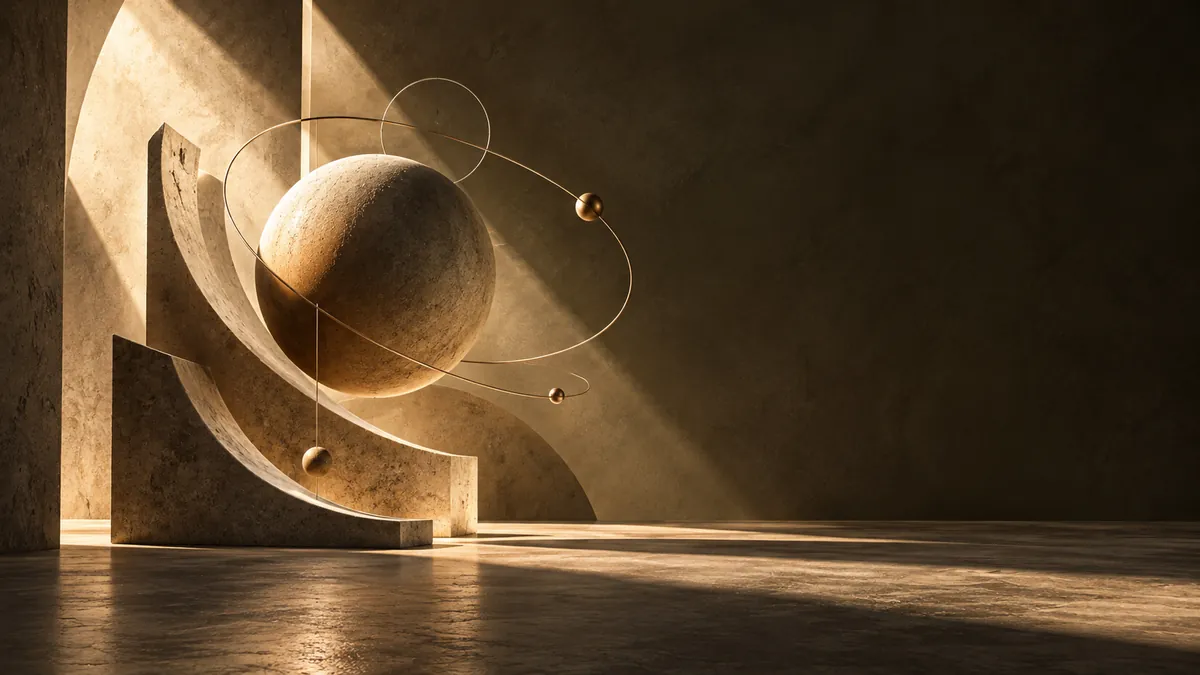 Stone sphere with fine orbital lines in warm light